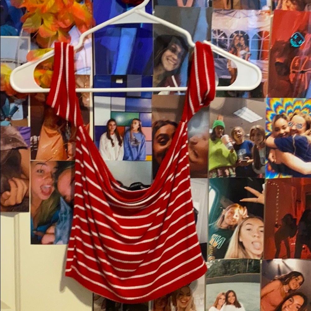 off the shoulder medium red stripped crop top